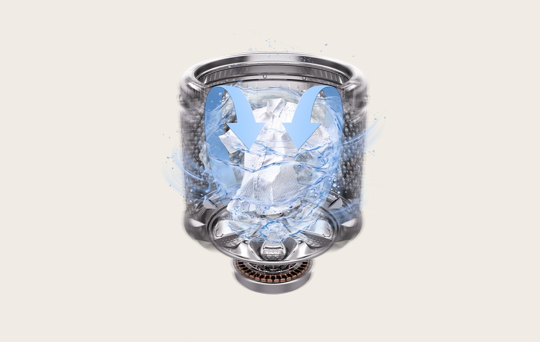 Top load washer drum with water cascading downward, highlighting WaveForce waterfall motion