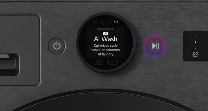 Close-up of an LG washer control panel showing AI Wash, highlighting AI DD™ fabric detection and intelligent care.