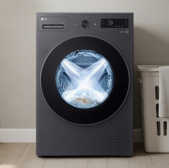 LG Front Load washer with AI DD™ in a bright laundry room.