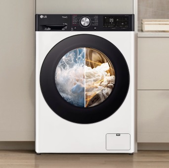 LG white front load washer dryer with a split view of the interior. The left side shows clothes washing in water, while the right side shows them being dried with warm air.