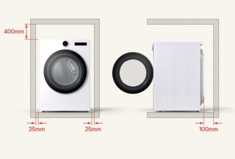 Installation diagram showing spacing guides around the unit.