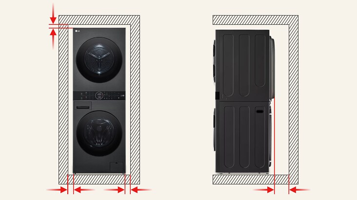 Diagram of LG WashTower™ with arrows showing required side back and height clearance for installation