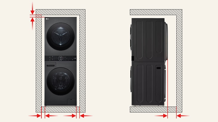 LG Wash Tower illustrated in a split image, left shows arrows marking side clearance to walls and right shows open-door side view with arrows indicating rear space.