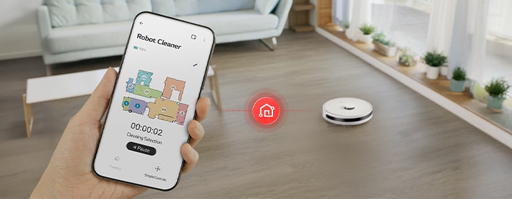 LG robot vacuum cleaner connected to LG ThinQ app for smart control in a modern home interior.