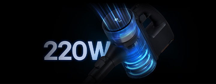 LG handstick vacuum highlighting powerful suction performance with airflow visualization.
