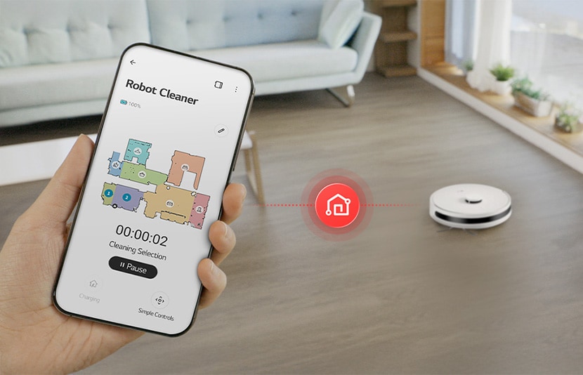 LG robot vacuum cleaner connected to LG ThinQ app for smart control in a modern home interior.