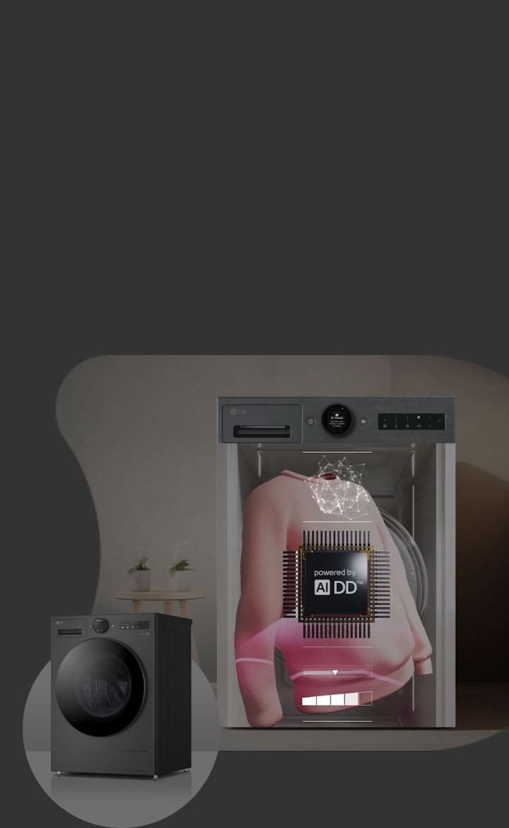 Washing machine cutaway with AI chip, showing AI DD™ adjusting motion and time for gentle, thorough cleaning