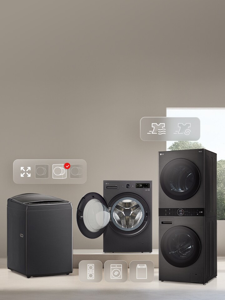 Lineup of LG WashTower™, Front Load, and Top Load washers shown in a home laundry setting with simple comparison icons.
