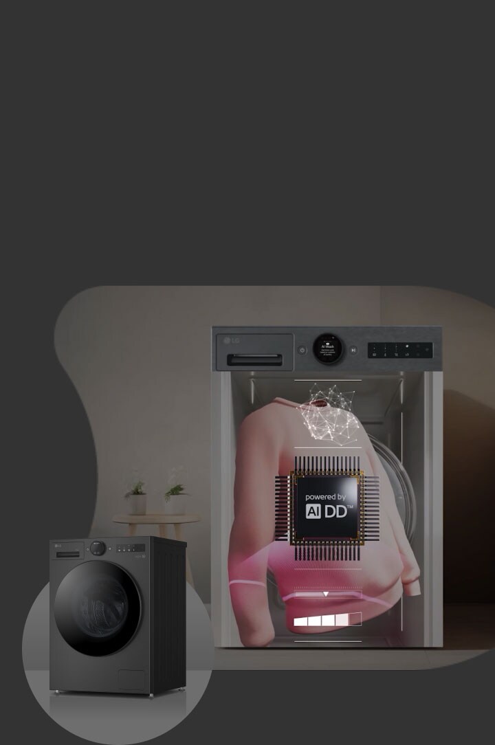 Two LG washing machines; left is dark front-load, right shows pink jacket with AI DD chip and 6 Motion icons overlaid