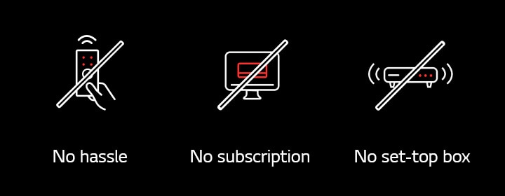 The image features three icons on a black background: a crossed-out remote labeled "NO HASSLE," a crossed-out computer labeled "NO SUBSCRIPTION," and a crossed-out set-top box labeled "NO SET-UP BOX"