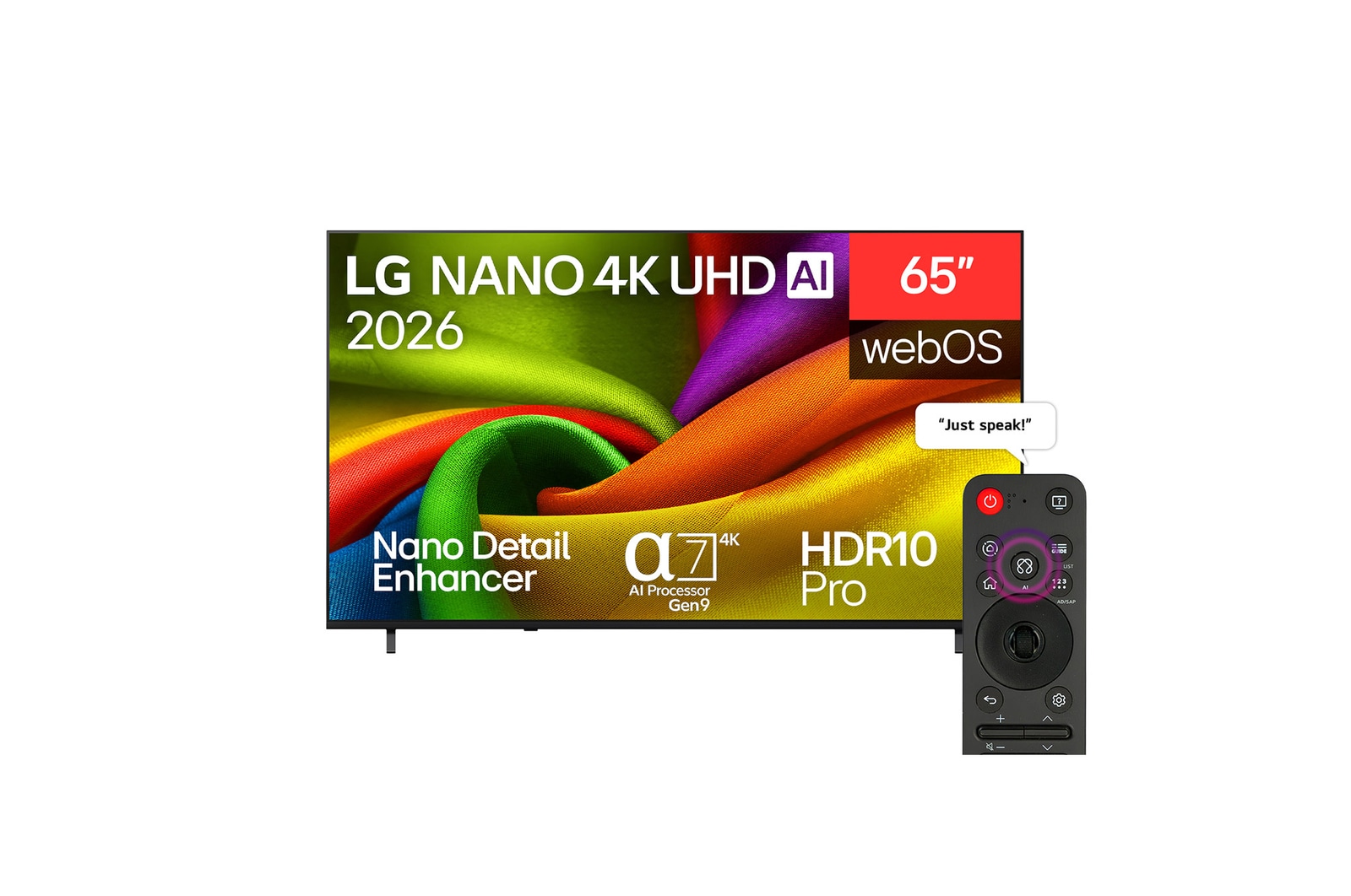 The front view of LG NANO 4K UHD AI NU85, released in 2026, fills the screen with smooth, flowing layers of vividly colored, fabric-like textures, as curved multicolored folds spread across the display.