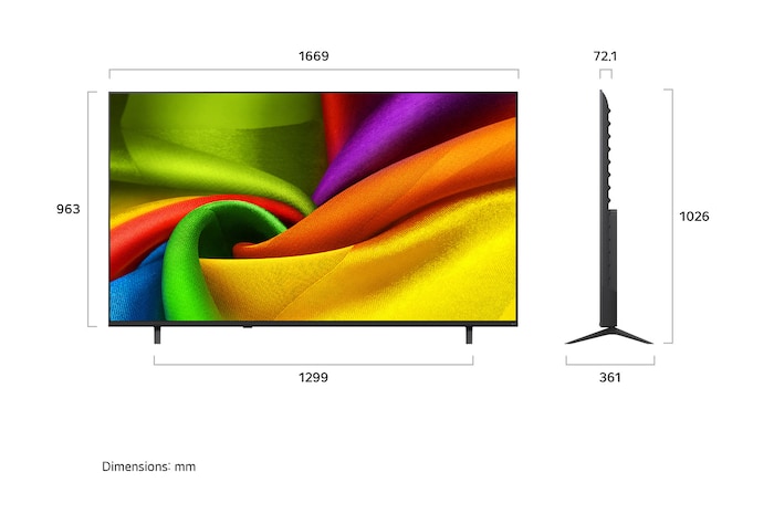 LG NANO 4K UHD AI NU85 shown in front and side views highlights a 75-inch display with a 1669 mm-wide screen, 963 mm screen height, 1026 mm height with stand, a 72.1 mm profile depth, and a stand footprint measuring 1299 by 361 mm.