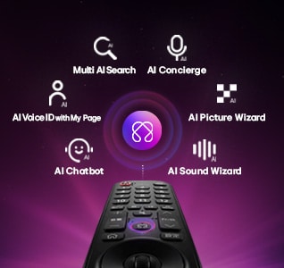 LG OLED evo AI G6 features AI Hub for personalization, with an AI icon above a remote control surrounded by labels for Multi AI Search, AI Concierge, AI Voice ID with My Page, AI Chatbot, AI Picture Wizard, and AI Sound Wizard. 
