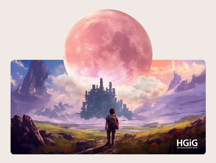 LG OLED evo AI G6 with Clear Motion shows a game scene of a character walking toward a castle beneath a large moon, with on-screen HGiG text highlighting smooth, clear motion.