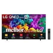 The front view of the LG QNED evo AI QNED85 Mini LED, released in 2026, displays vivid, fluid bursts of dense clouds of color on screen, featuring Dynamic QNED Color Pro, Mini LED, an α8 AI Processor 4K Gen3, webOS, and a 100-inch display.