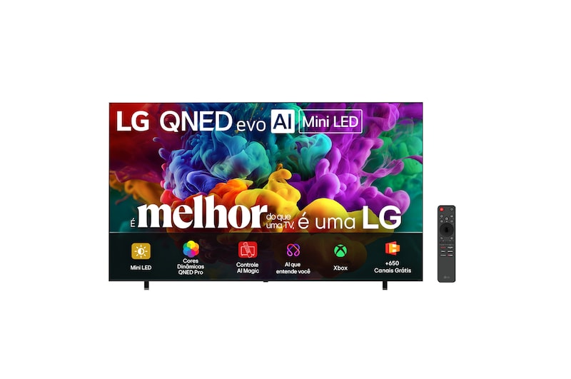 The front view of the LG QNED evo AI QNED85 Mini LED, released in 2026, displays vivid, fluid bursts of dense clouds of color on screen, featuring Dynamic QNED Color Pro, Mini LED, an α8 AI Processor 4K Gen3, webOS, and a 100-inch display.