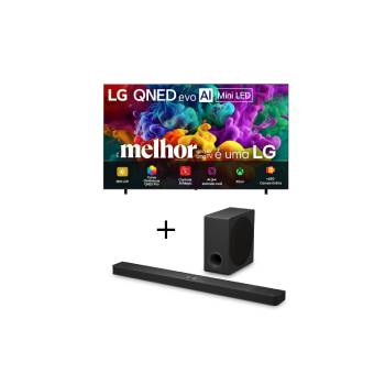 Vista frontal de Smart TV LG QNED evo Mini LED AI 4K QNED85 100 polegadas 2026+Soundbar LG S90TY – 570W RMS, Dolby Atmos, 5.1.3 Canais, DTS:X, AI Room Calibration Pro, AI Sound Pro, Sem fios, WOW Orchestra, Conexões Múltiplas 100QNED85.S90TY