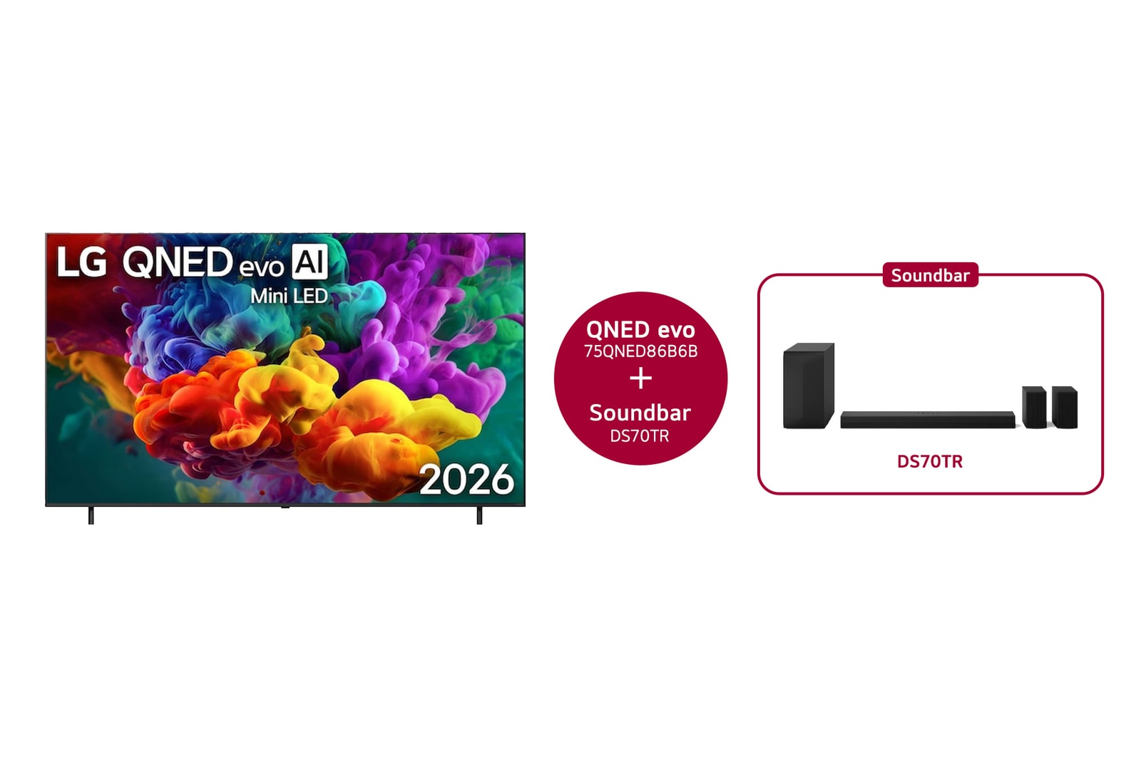 Vooraanzicht van 75 inch LG QNED evo AI QNED86 Mini LED 4K Smart TV 2026 & DS70TR 5.1.1-kanaals 75QNED86B6B.DS70TR