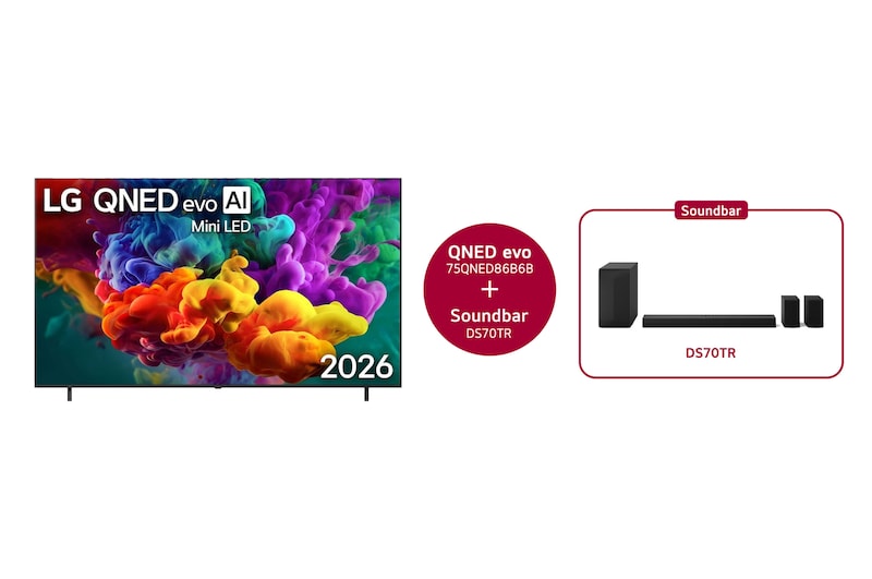 Vooraanzicht van 75 inch LG QNED evo AI QNED86 Mini LED 4K Smart TV 2026 & DS70TR 5.1.1-kanaals 75QNED86B6B.DS70TR
