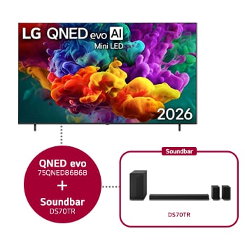 Vooraanzicht van 75 inch LG QNED evo AI QNED86 Mini LED 4K Smart TV 2026 & DS70TR 5.1.1-kanaals 75QNED86B6B.DS70TR
