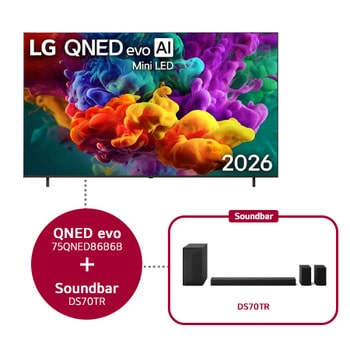 Het vooraanzicht van de LG QNED evo AI QNED85 Mini LED, uitgebracht in 2026, vult het scherm met levendige, vloeiende uitbarstingen van veelkleurige, verfachtige bewegingen, terwijl dichte wolken van kleur naadloos over het scherm versmelten.