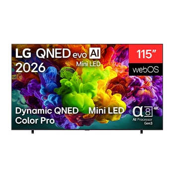 The front view of the LG QNED evo AI QNED90 Mini LED, released in 2026, displays vivid, fluid bursts of dense clouds of color on screen, featuring Dynamic QNED Color Pro, Mini LED, an alpha 8 AI Processor 4K Gen3, webOS, and a 115-inch display.