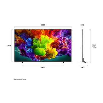 LG QNED evo AI QNED90 Mini LED shown in front and side views highlights an 115-inch display with a 2565 mm-wide screen, 1469 mm screen height, 1524/1554 mm height with stand, a 58.9 mm profile depth, and a stand footprint measuring 1880 by 465 mm.