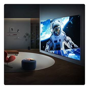 LG QNED evo AI QNED90 Mini LED Ultra Big TV is wall-mounted in a modern living space, displaying a large-scale astronaut scene across a wide screen that visually fills the room and creates a strong cinematic presence.
