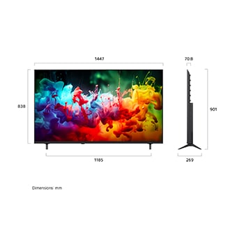 Een LG QNED AI QNED70 Mini LED, gezien van de voorkant en van de zijkant, heeft een 65-inch scherm dat 1447 mm breed is, 838 mm hoog, 901 mm hoog met de standaard, een profieldiepte van 70,8 mm en een standaardvoet van 1185 bij 269 mm.