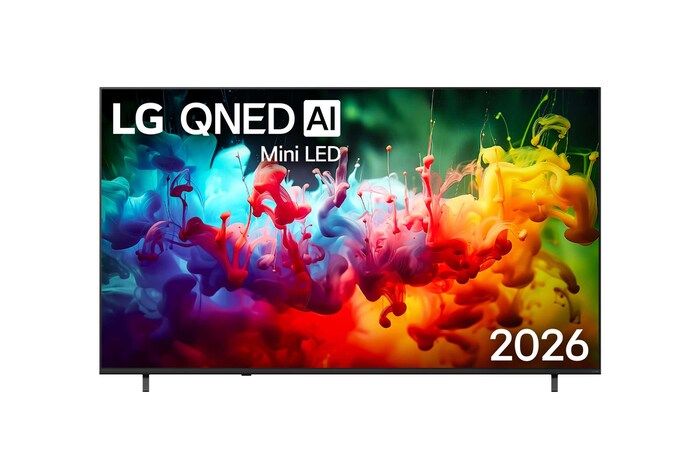 Het vooraanzicht van de LG QNED AI QNED70 Mini LED, gelanceerd in 2026, vult het scherm met levendige, vloeiende spatten van veelkleurige bewegingen, terwijl de kleuren mooi gelaagd zijn en soepel over het scherm verspreiden.