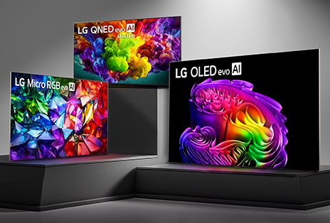 LG TV display type image shows LG QNED evo AI, LG Micro RGB evo AI, and LG OLED evo AI televisions displaying vibrant color and high-contrast visuals across multiple TV categories against a dark background.