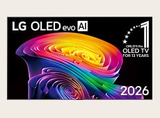 LG OLED evo AI C6, released in 2026, displays a vivid, sculptural swirl of layered rainbow tones across the screen with the World’s No.1 OLED TV for 13 Years badge.