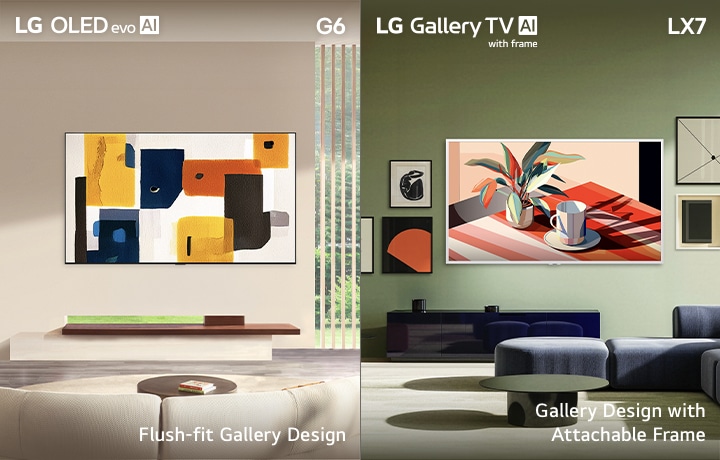 LG ART TV lineup including LG OLED evo AI G6 and LG Gallery TV AI LX7 with frame, each showcasing Flush-fit Gallery Design and Gallery Design with Attachable Frame, transforming TV screens into gallery-worthy art displays.