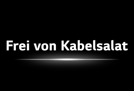 Ein LG True Wireless TV hebt die aufgeräumte Einfachheit mit einer zentrierten Überschrift auf dunklem Hintergrund hervor.