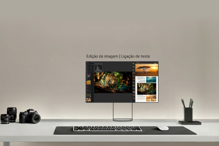 Este vídeo mostra uma configuração de monitor duplo para fotógrafos, onde o monitor principal exibe edição de fotos de alta resolução, enquanto o monitor secundário mostra painéis de ferramentas, imagens de referência e bibliotecas de recursos para apoiar a edição detalhada de imagens e o fluxo de trabalho de correção de cores.