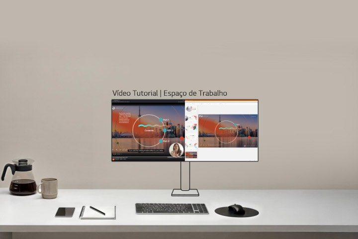 Este vídeo mostra uma configuração de monitor ultrawide para entretenimento, onde o monitor principal exibe conteúdo de streaming, enquanto os ecrãs secundários mostram painéis de navegação, listas de reprodução e multimédia relacionada para apoiar a visualização e descoberta de conteúdo imersivo.