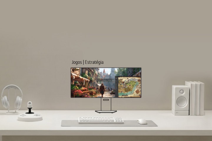 Este vídeo mostra uma configuração de monitor para jogos para jogadores do tipo explorador, onde o monitor principal ultrawide exibe jogabilidade de mundo aberto, enquanto monitores secundários mostram mapas, missões e informações do sistema para expandir a consciência situacional e a exploração imersiva.