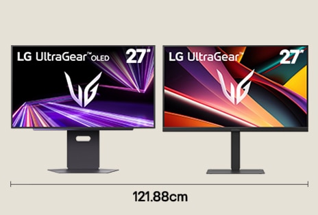 Configuração de monitor de jogos duplo com dois ecrãs QHD de 27 polegadas para fluxo de trabalho de jogos competitivos com 121,88 cm de largura de secretária