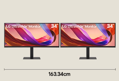Configuração de monitor ultrawide duplo com ecrãs WQHD de 34 polegadas para análise de mercado e fluxo de trabalho de negociação com secretária de 163,34cm de largura