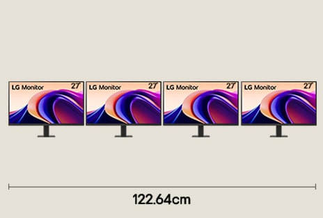 Configuração de monitor Quad com quatro ecrãs QHD de 27 polegadas para fluxo de trabalho de negociação multi-ecrã com secretária de 122,64 cm de largura