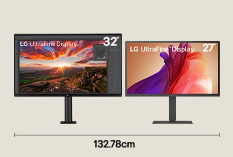 Configuração de monitor duplo com ecrãs de 32 polegadas UHD e 27 polegadas 4K para fluxo de trabalho de codificação com 132,78 cm de largura de secretária