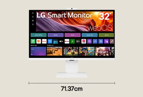 Configuração de monitor inteligente único de 32 polegadas 4K UHD para visualização de entretenimento com 71,37 cm de largura de secretária