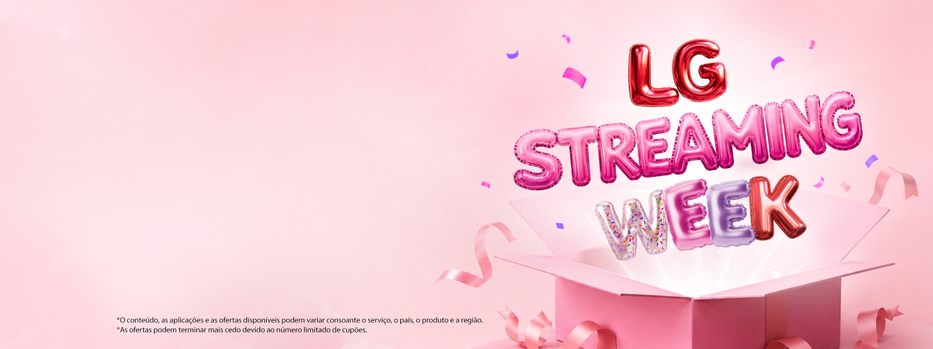 Colorful balloon-style “LG Streaming Week” lettering rises from an open pink gift box, surrounded by ribbons and confetti on a soft pink background.