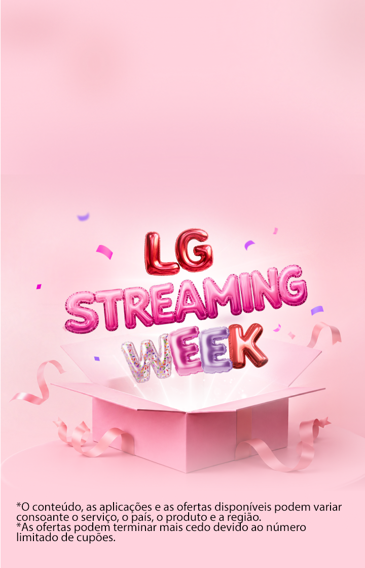 Letras coloridas em estilo balão com a inscrição “LG Streaming Week” a sair de uma caixa de presente rosa aberta, rodeadas por fitas e confetes num fundo rosa suave.