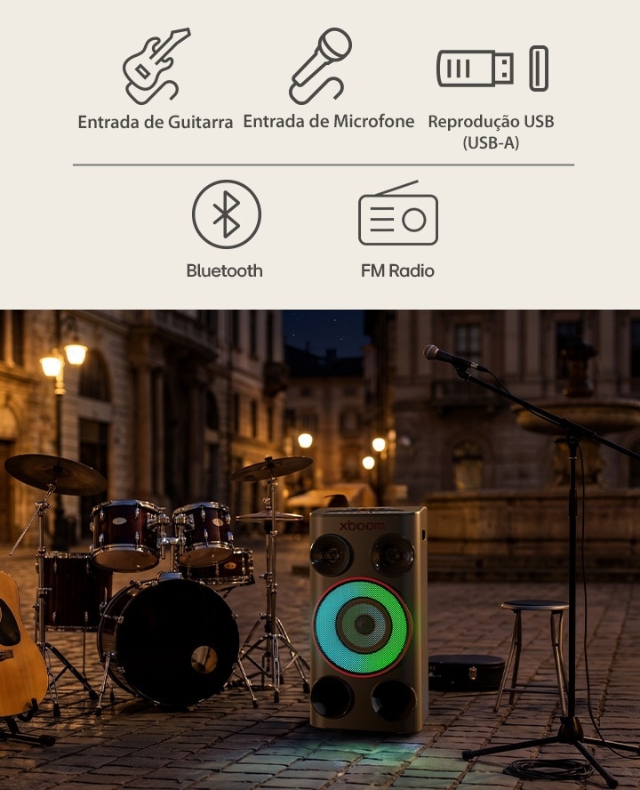 Coluna de festa LG xboom Power 5000 com guitarra, bateria, microfone e múltiplas entradas de áudio para conectividade perfeita com vários dispositivos.