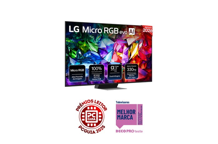A vista frontal da LG Mini RGB evo AI MRGB9M, lançada em 2026, apresenta uma moldura preta fina sem qualquer suporte, enquanto uma imagem vívida e cristalina de facetas multicoloridas nitidamente definidas preenche o ecrã.