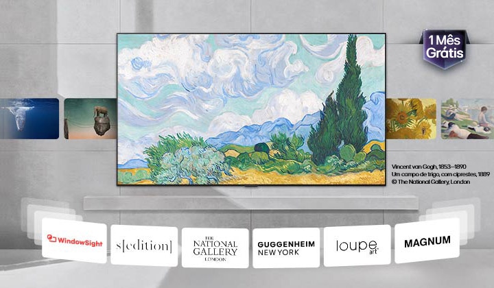 A LG NANO 4K UHD AI NU85 com a LG Gallery+ apresenta obras de arte selecionadas no interior de uma casa, com obras em rotação, juntamente com referências de museus parceiros e uma mensagem “1 Mês Gratuito”. 