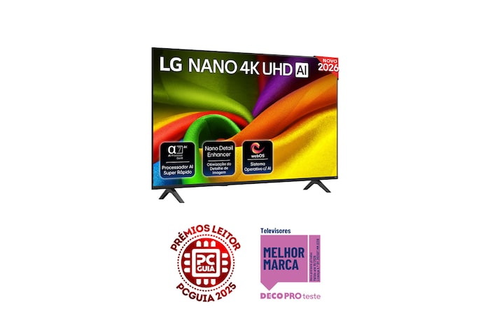 A vista frontal da LG NANO 4K UHD AI NU85, lançada em 2026, preenche o ecrã com camadas suaves e fluidas de texturas semelhantes a tecido com cores vívidas, enquanto dobras curvas multicoloridas se espalham pelo ecrã.