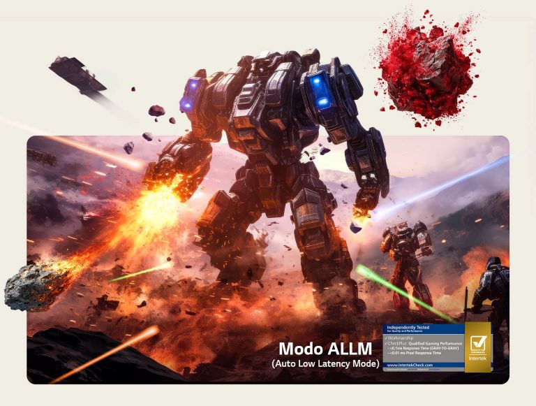 A LG OLED evo AI C6 com baixa input lag mostra uma cena de jogo intensa com um robô de combate imponente no meio de explosões, com texto no ecrã referindo o modo de latência baixa automática (ALLM) e o desempenho de jogo qualificado certificado pela Intertek.