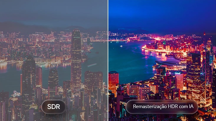 A LG OLED evo AI C6 com AI HDR Remastering é apresentada numa comparação de paisagens urbanas divididas, com SDR à esquerda e AI HDR Remastering à direita, apresentando luzes urbanas mais brilhantes, um contraste mais profundo e detalhes mais vivos em toda a cena.